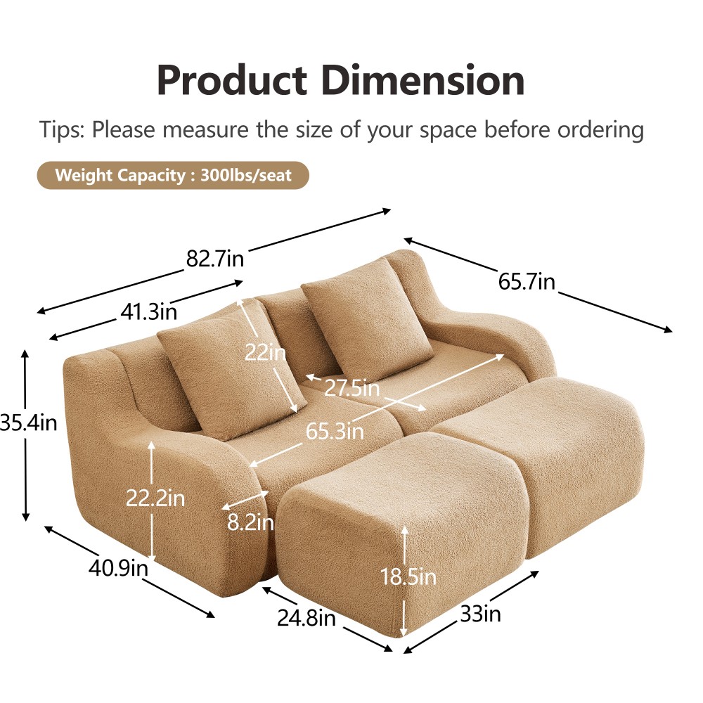 Soft Teddy Fabric Modular Sofa w/ Ergonomic Support & Anti-Slip Base, Camel
