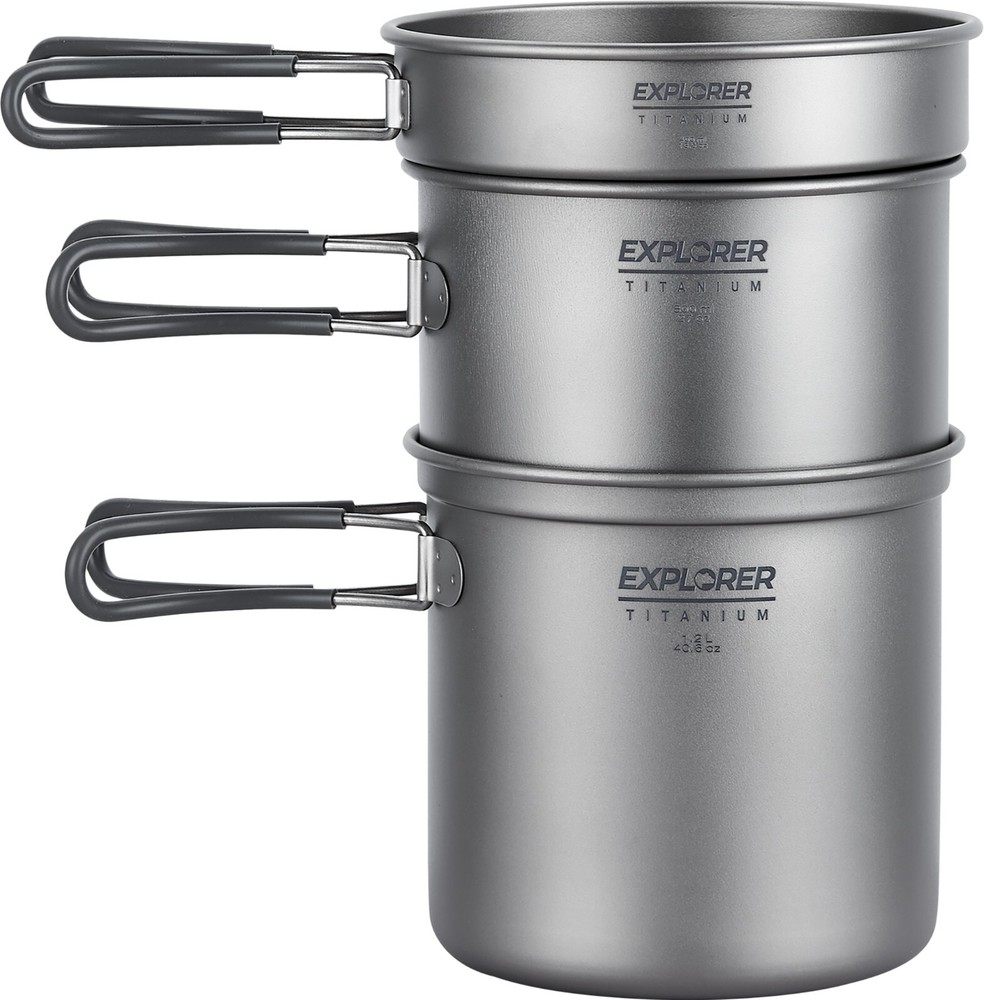 Explorer Bear Titanium Stackable Camping Cooking Pot Mess Kit Set