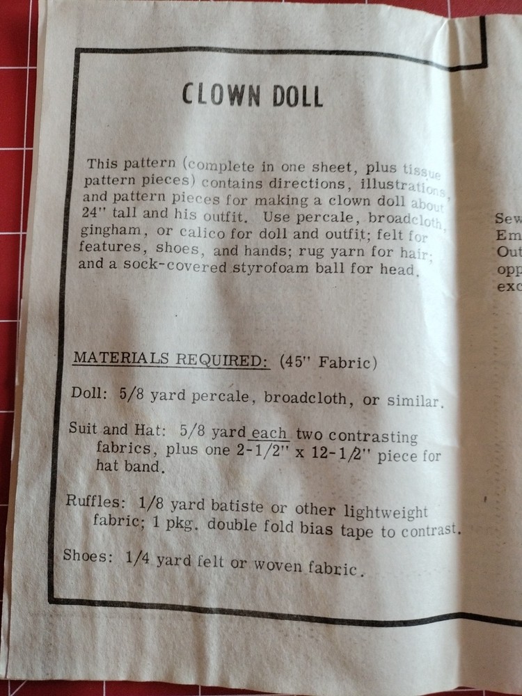 7260 Mail Order Pattern For 24" Clown Doll Uncut