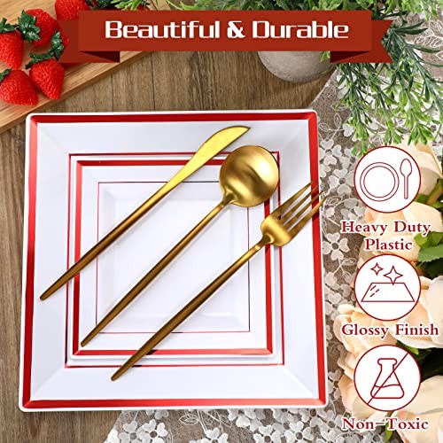 50 Pcs Square Plastic Plates White Disposable Dinnerware Set 25 Guests 9.5 Red