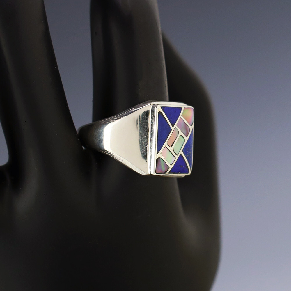 NATIVE AMERICAN ZUNI LAPIS & SHELL RING BY NANCY & SHELDON WESTIKA