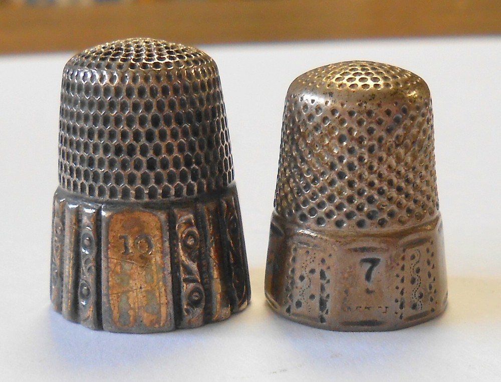 2 Antique Sterling Silver Sewing Thimbles # 10 & # 7 Etched