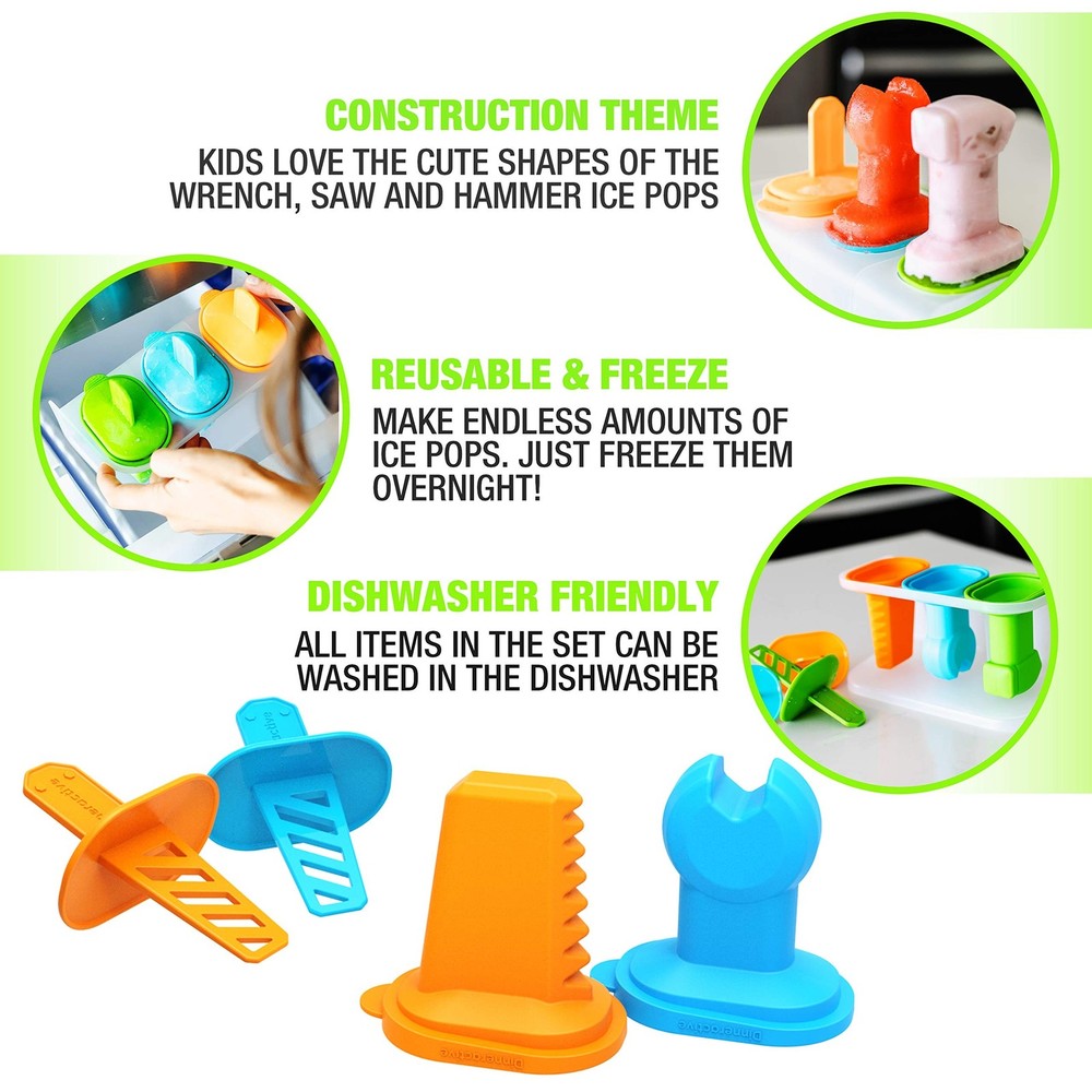 Dinneractive Play Pop Popsicle Molds - 3 PC Tool Themed Set - Reusable Silico...