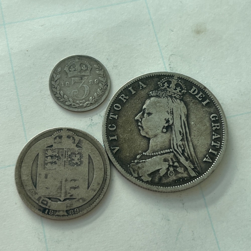 1889 Silver British Coin Set Half Crown Shilling Three Pence