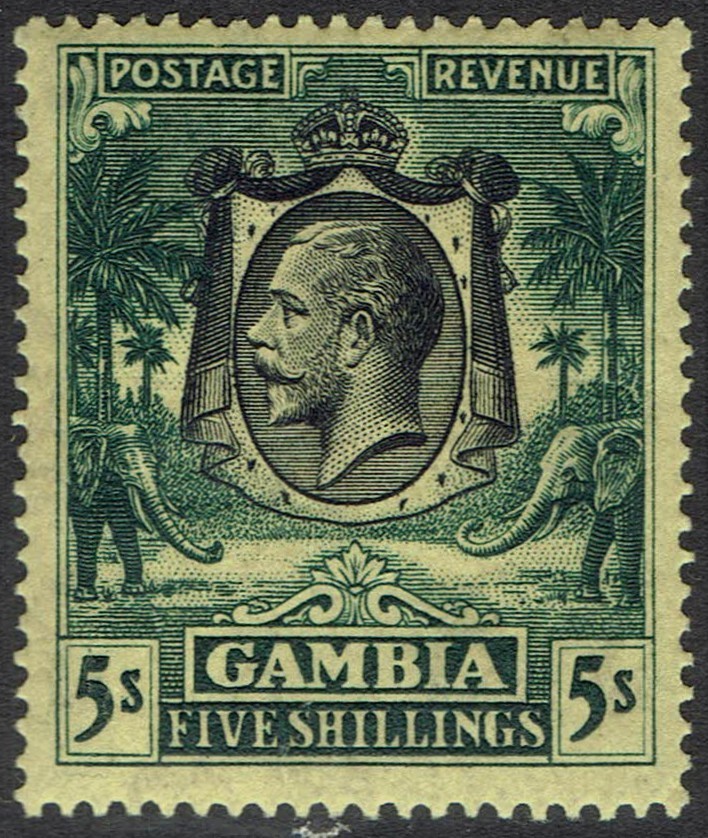 GAMBIA 1922 KGV ELEPHANTS 5/- WMK MULTI SCRIPT CA