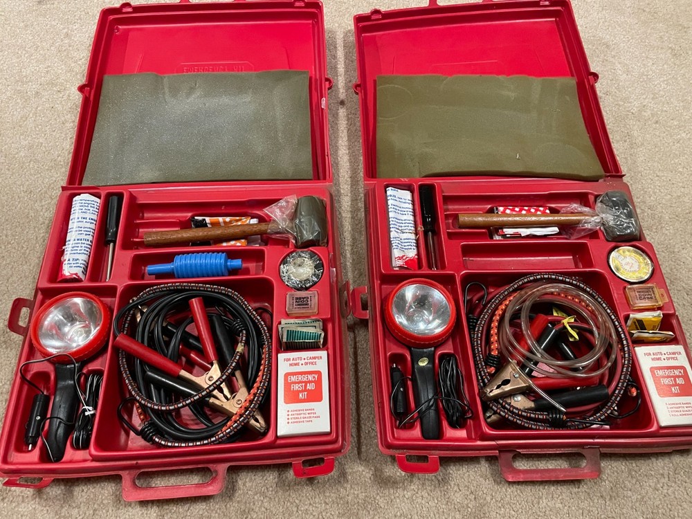 TWO Vintage Ride-a-Way Auto Emergency Kit Jumper Cables Light Siphon Pump Bungee