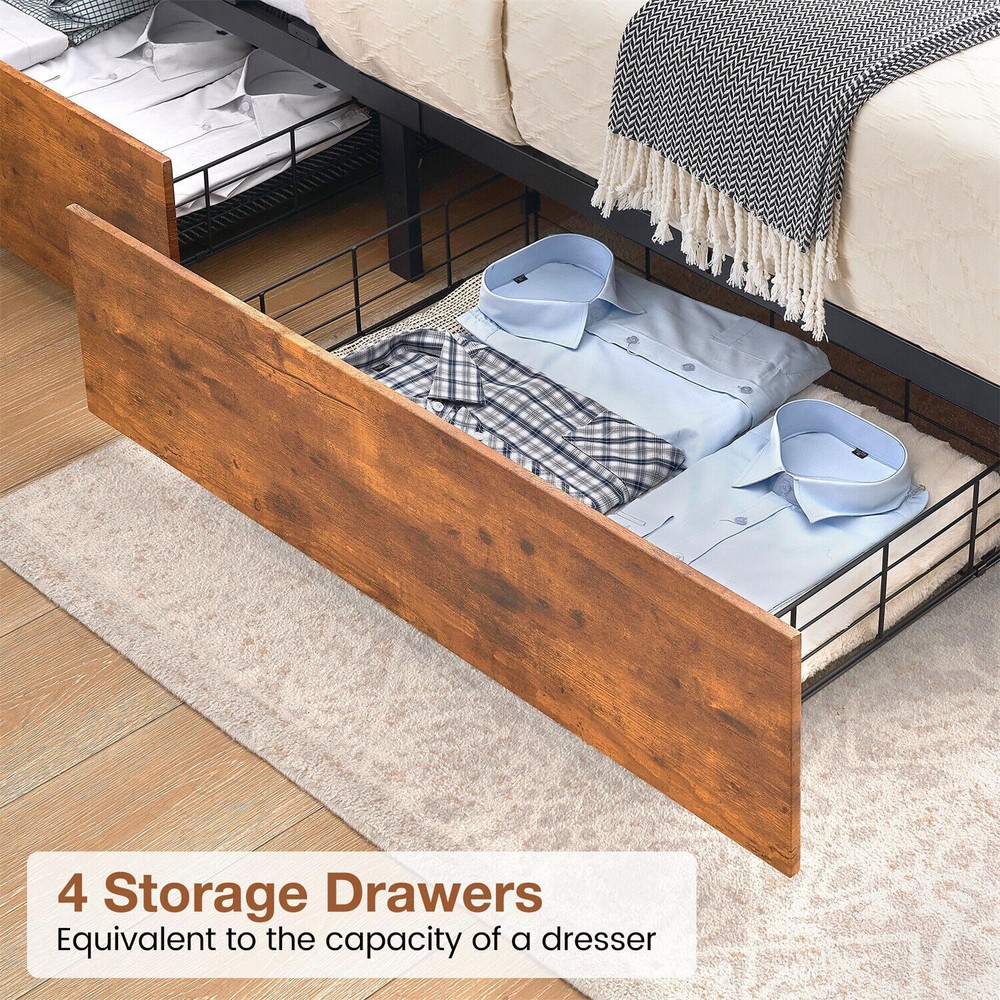 Full Bed Frame with 4 Storage Drawers Metal Platform Bed Frame Headboard W/LED