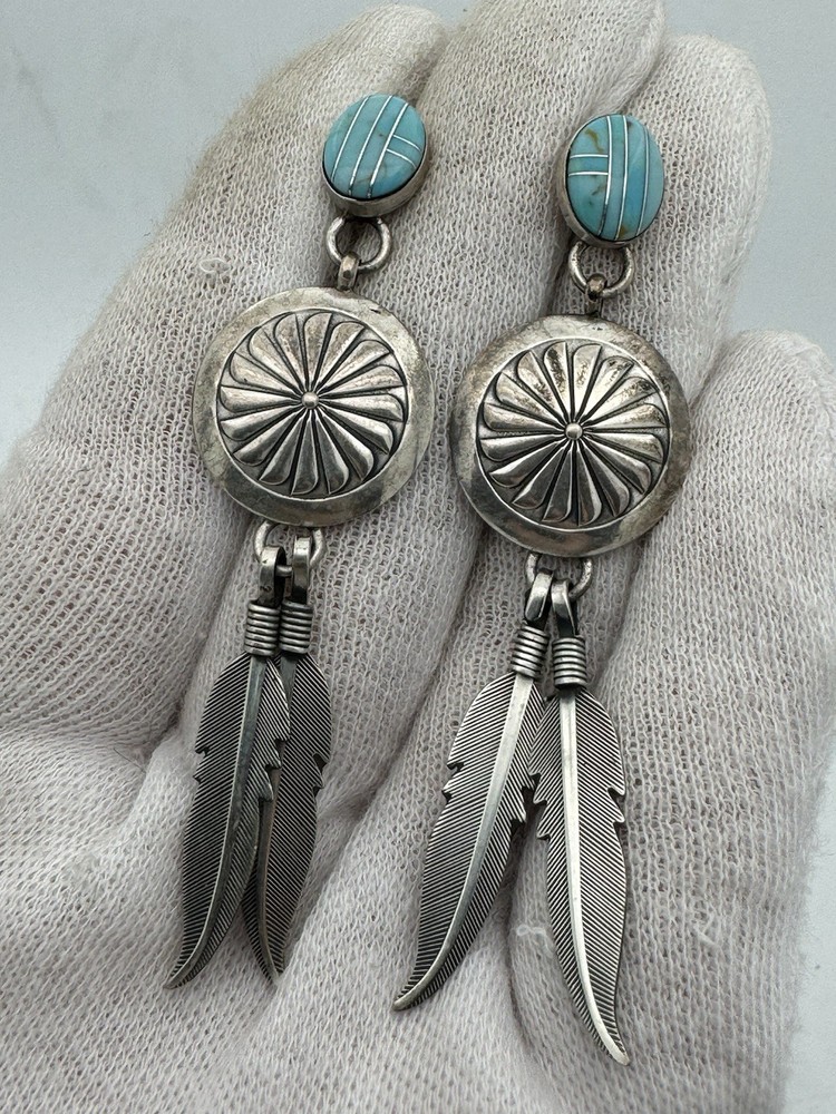 Native American Sterling Silver Turquoise Leaf Dangle Earrings