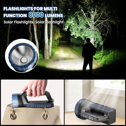 Solar Flashlight，Solar Powered Flashlight for Multi Function 8000 Lumens with 1