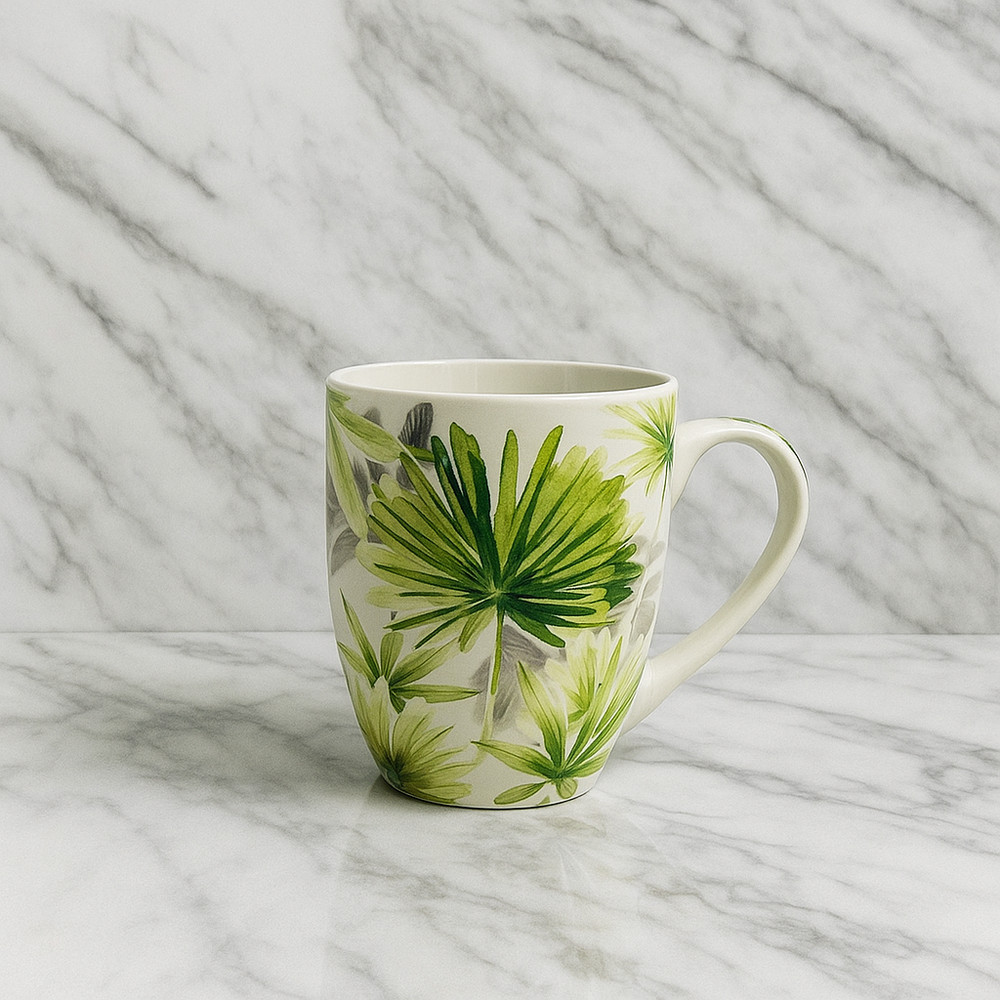 Ceramic Cup with Green Palm Leaf Design – 10 oz Coffee or Tea Cup –