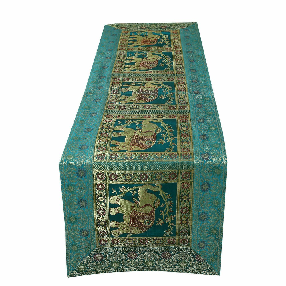 Silk Brocade Table Runner Elephant Wedding Decorative Wall Hanging Hunter Green