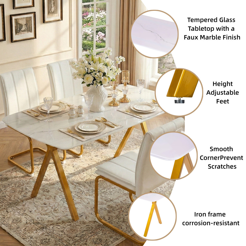 Rectangular dining table featuring a tempered glass tabletop a marble-patterne