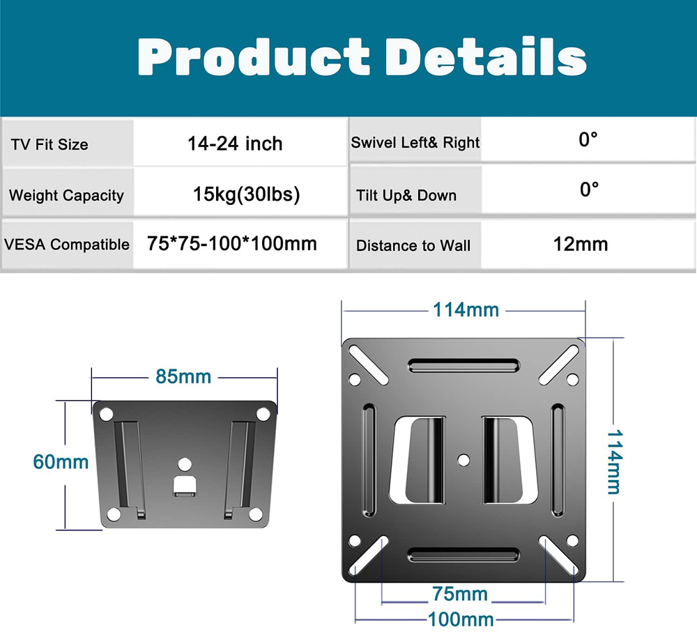Monitor Wall Mount Most 14-24“ Tvs Computer Universal Low Profile RV TV Wall