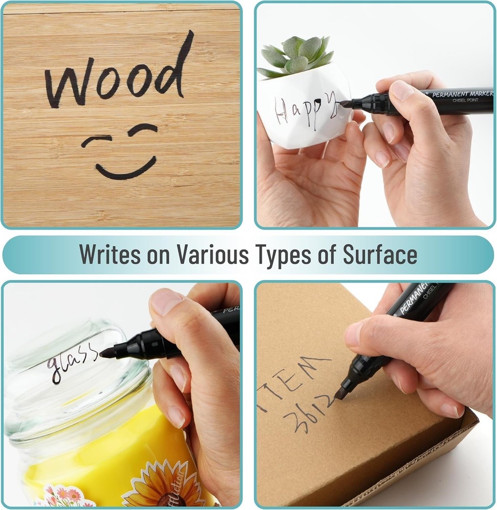 Black Permanent Markers, 8 Pack, Thick Markers, Chisel Tip Permanent Marker C...