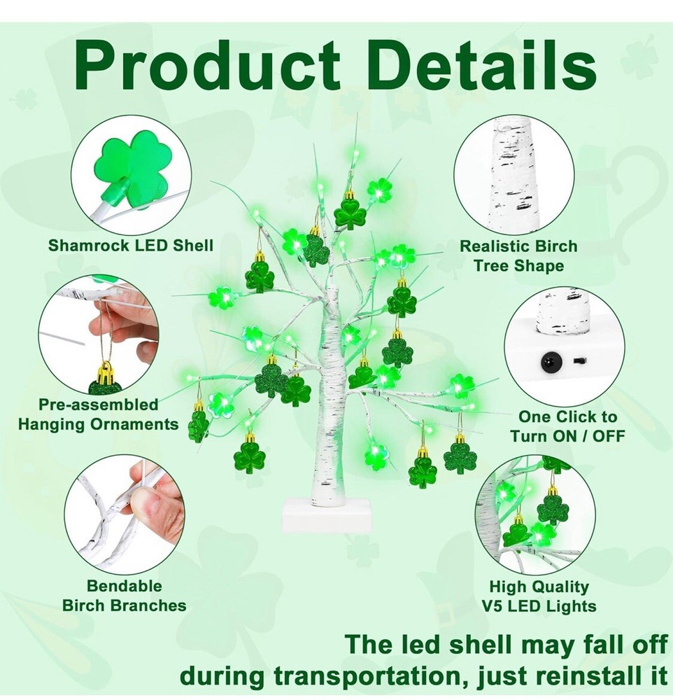 3-pk St Patricks Day Birch Tree 18in Light Up Table Top Artificial LED Tree