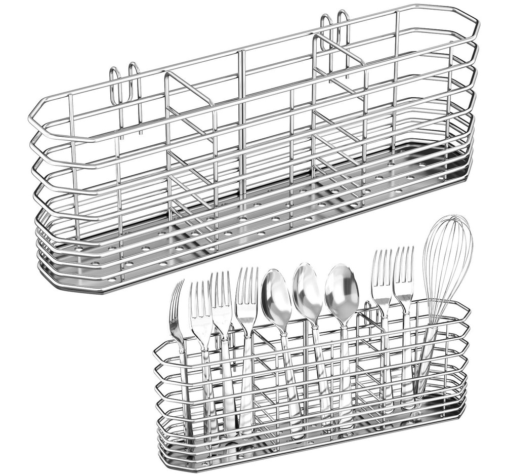 304 Stainless Steel Utensil Holder, Silverware Drying Rack with Hooks for Dish D