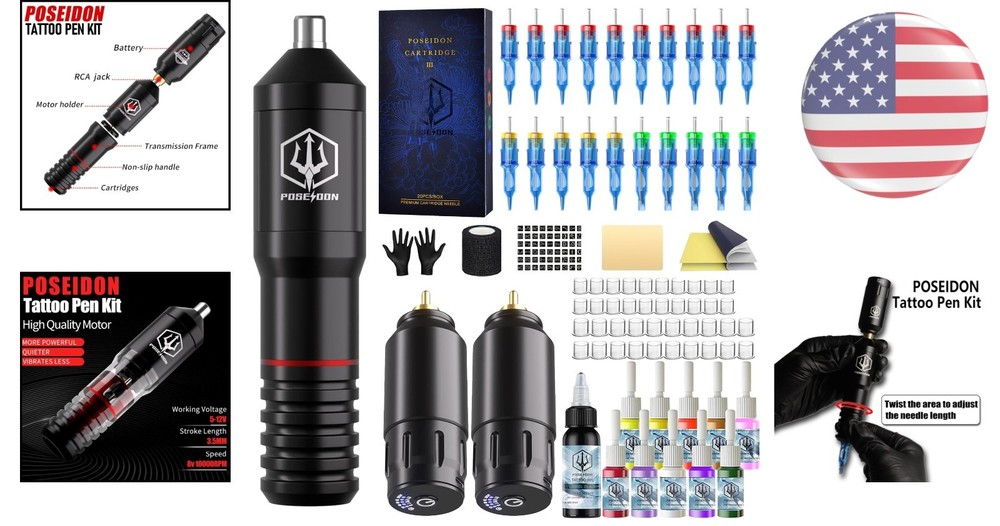 Complete Portable Tattoo Machine Set - 2 Batteries, Inks & Practice Supplies