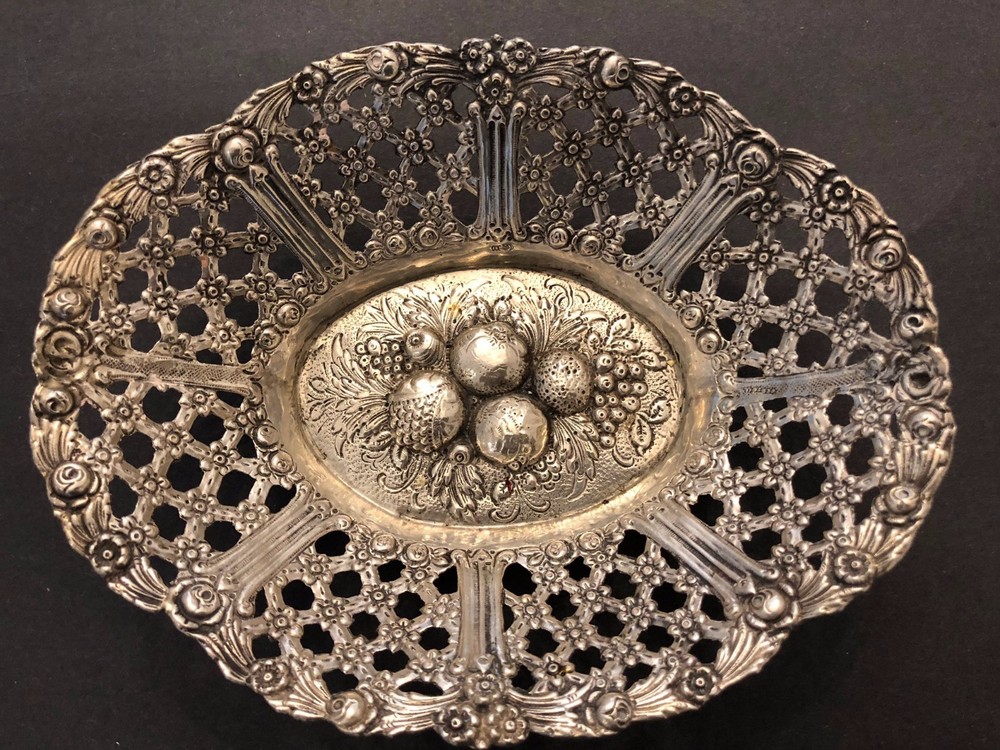German 800 Silver Pierced Repousse Floral Oval Bowl, c.1890