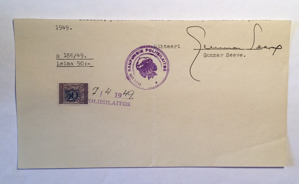Revenue stamp on document fragment Finland