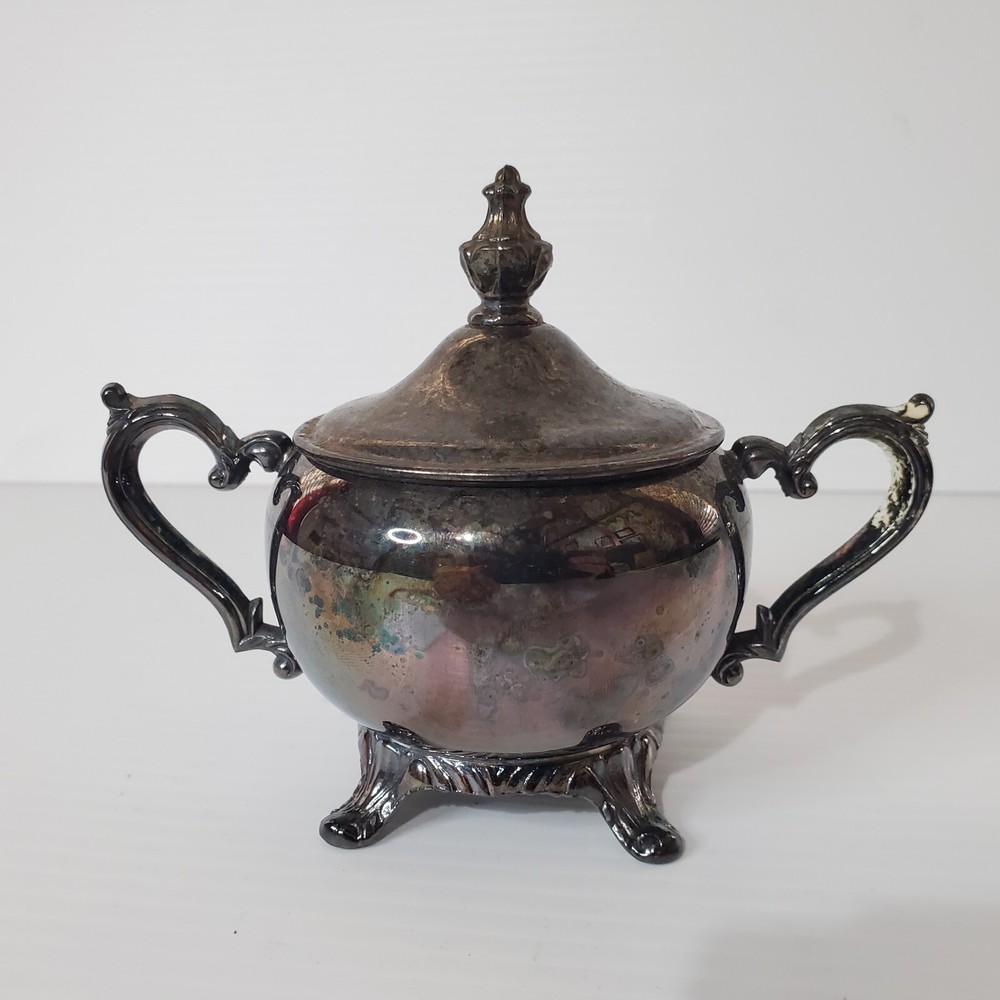 Vintage Silverplate Serving Sugar Bowl Container Footed Ornate Unmarked
