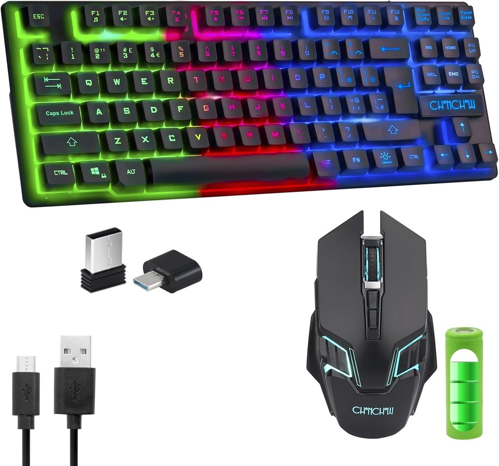 Gaming Wireless TKL Keyboard Mouse Combo Rechargeable LED Backlit Tenkeyless ...
