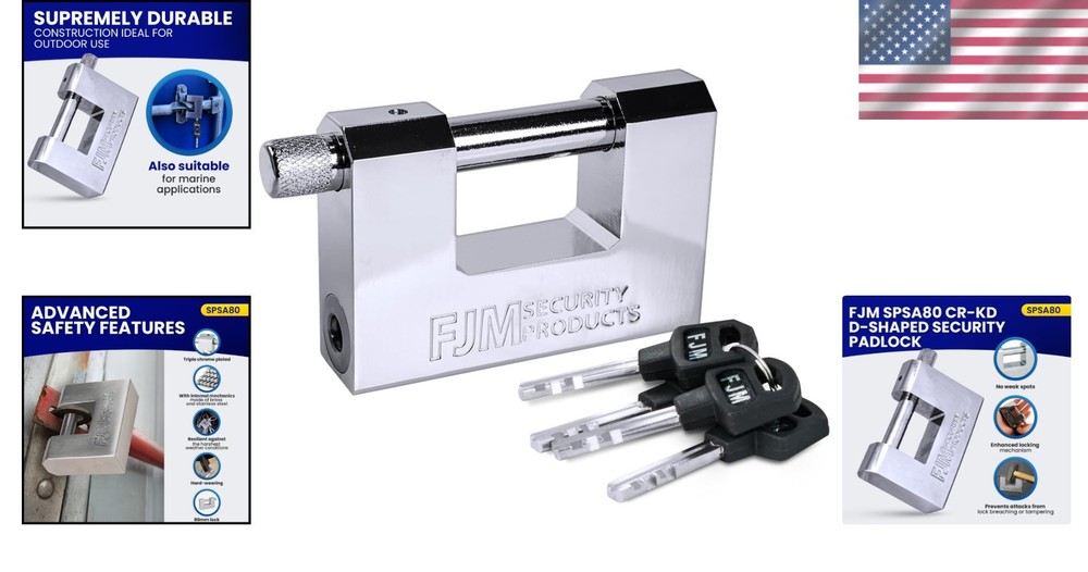 High Security D-Style Padlock, Chrome Finish, Keyed Alike