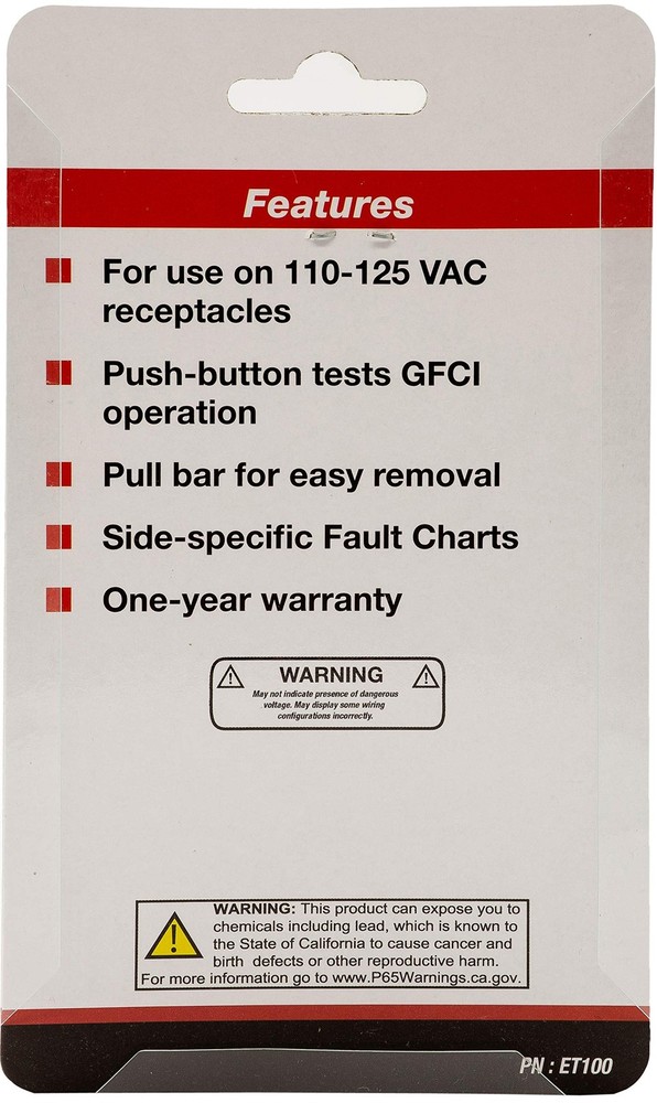 ET100 GFCI Outlet/Receptacle Tester with 5 Visual Indicators