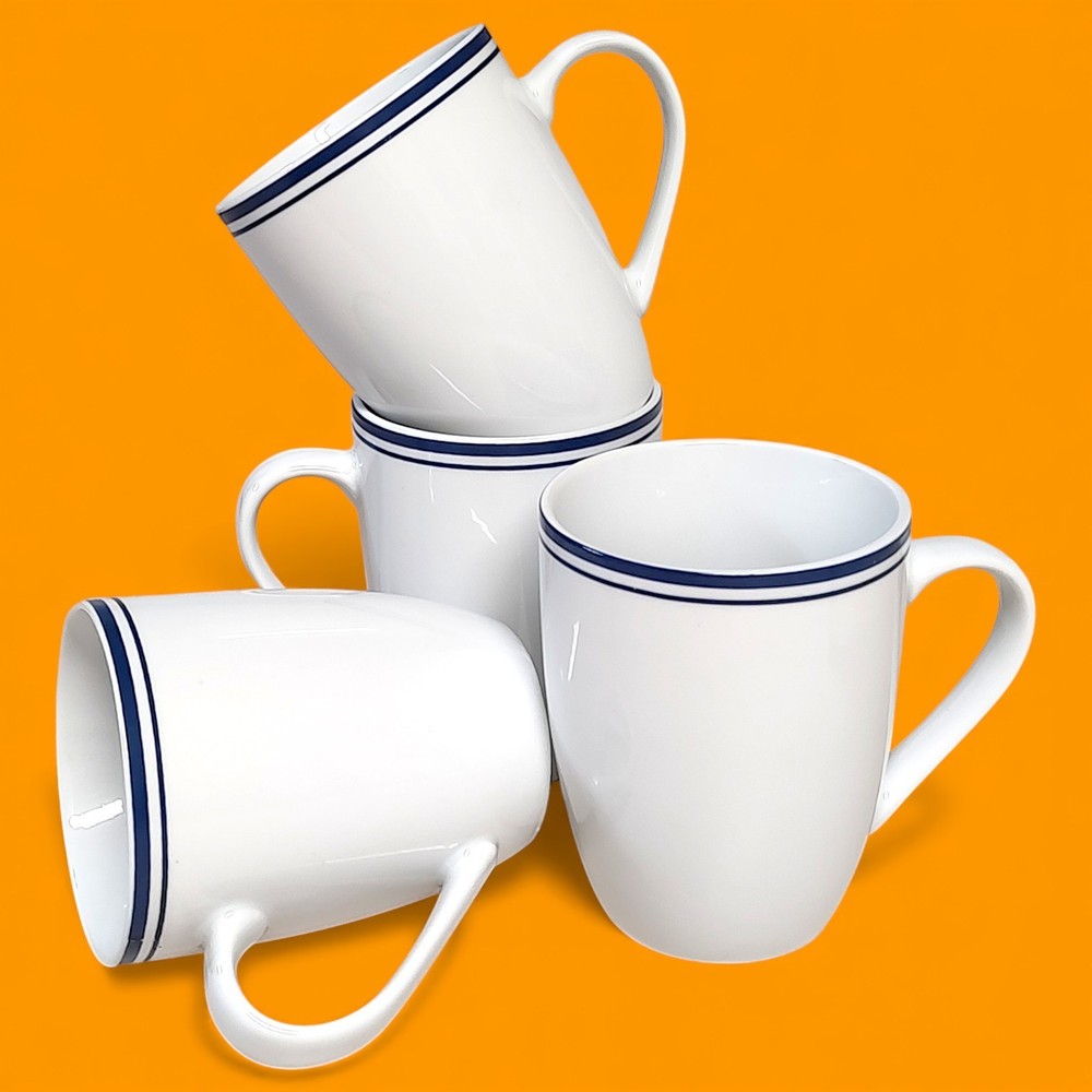 4pc Set Amazon Basics Cafe Stripe Blue / White Coffee Cups/ Mugs 4"