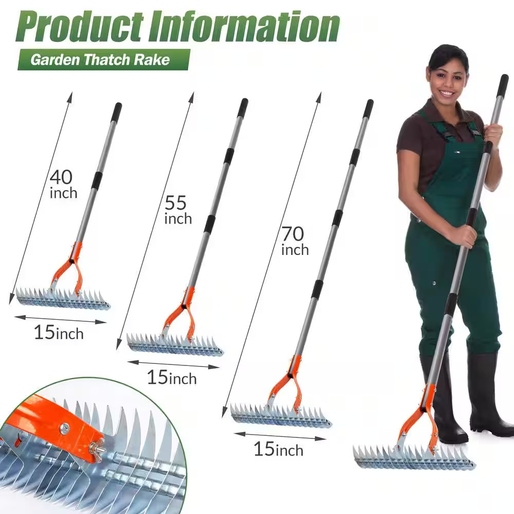 70 In. Adjustable Steel Handle Thatch Rake, 19 Tines Back Saving Lawn Thatching