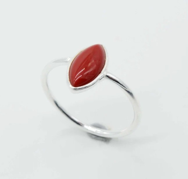 Solid 925 Sterling Silver Natural Red Coral Marquise Cut Gemstone Handmade Ring