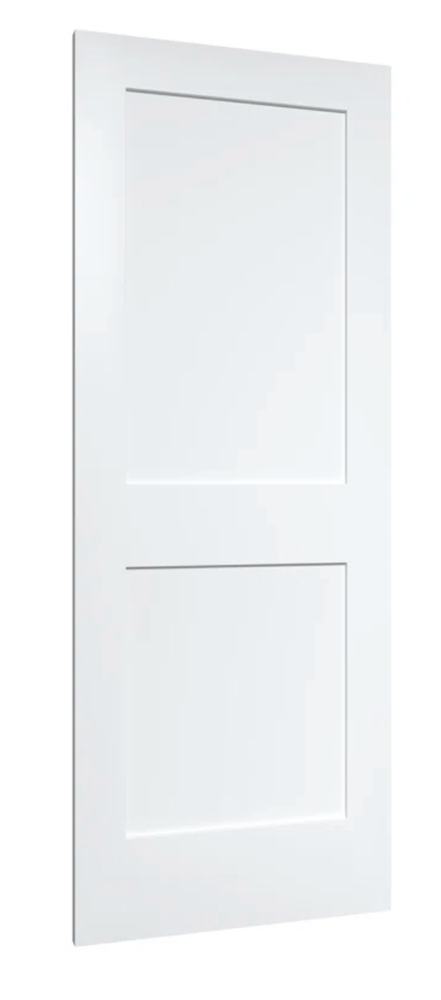 Prehung 2 Panel Flat Primed Mission Shaker Stile & Rail Solid Core Wood Doors
