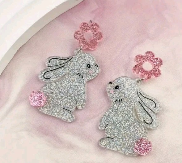 Festive Easter Bunny Acrylic Earrings Glittery Silver& Pink Lightweight  Dangle,