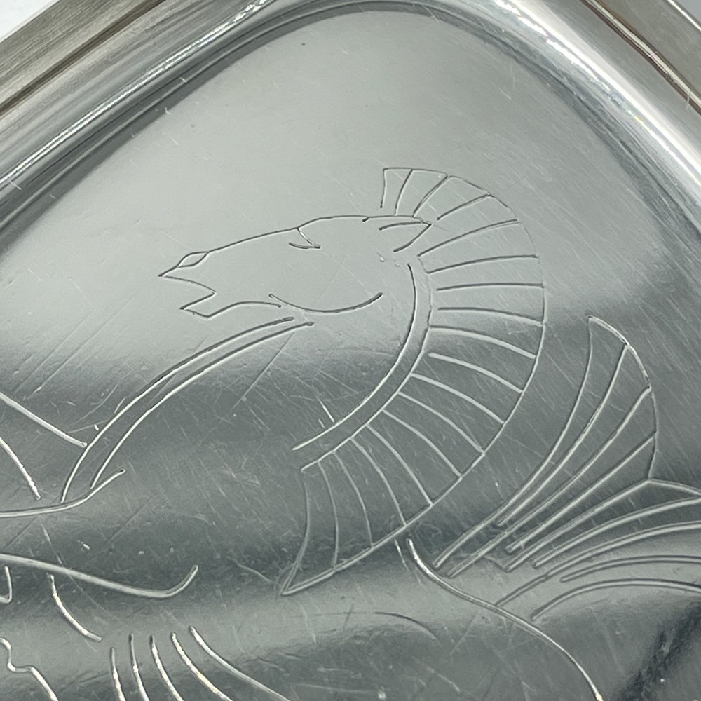 Geoffrey Guy Bellamy Silver Hippocampus Pattern Triangular Dish London 1957