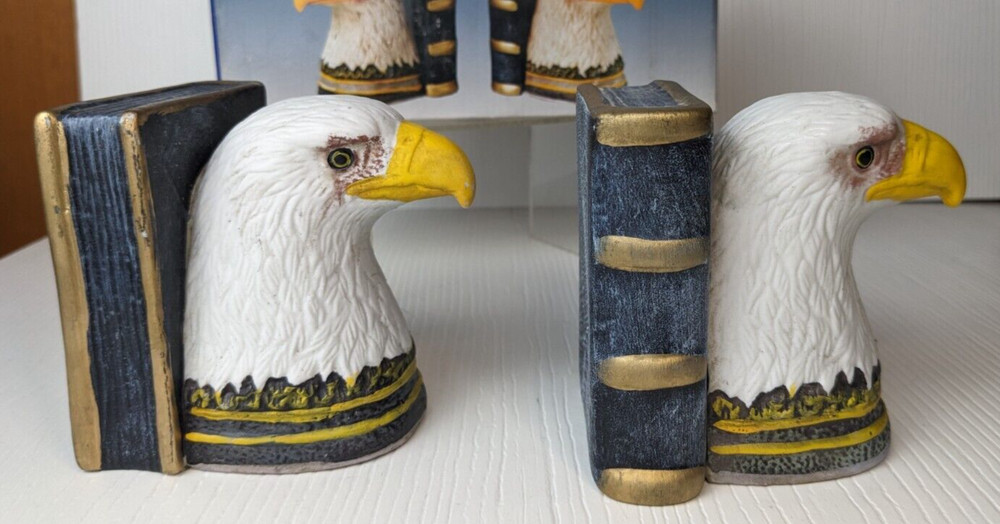 Vintage Bookends Featuring Bald Eagles. Painted Molded Ceramic. 4”H. flawed