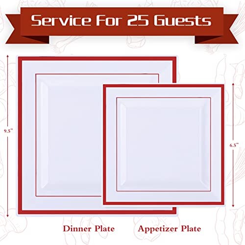 50 Pcs Square Plastic Plates White Disposable Dinnerware Set 25 Guests 9.5 Red