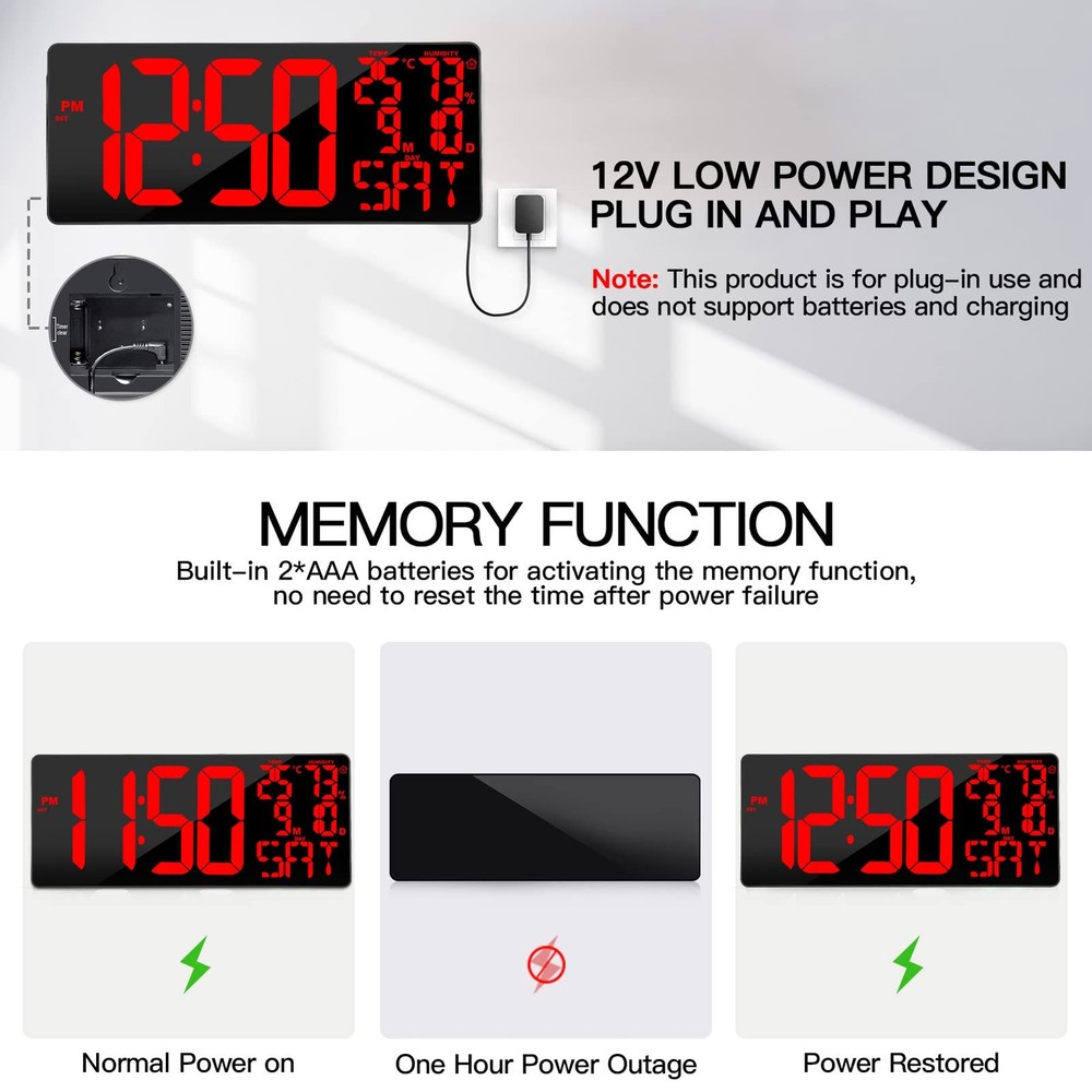 [Oversized] 18" Large Digital Wall Clock with Remote Control, Auto-Dimming Di...