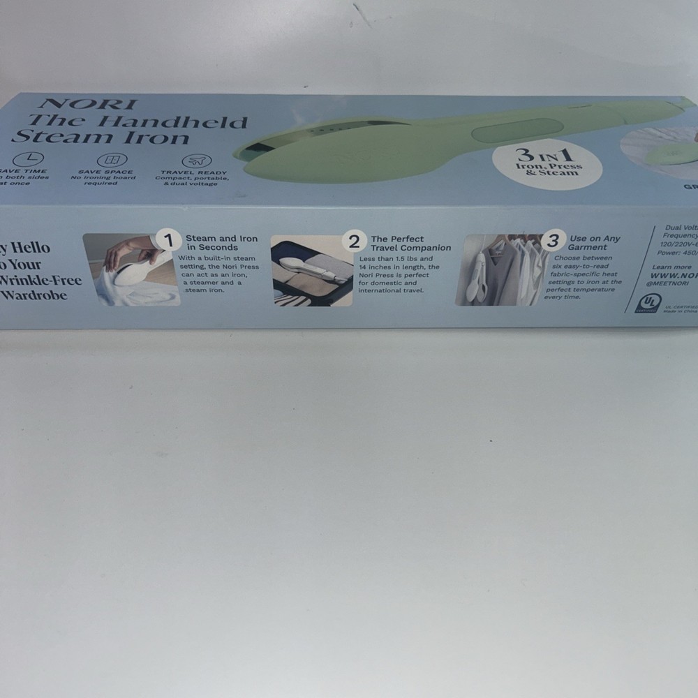 - Handheld iron with optional steam function - No ironing board required - Green