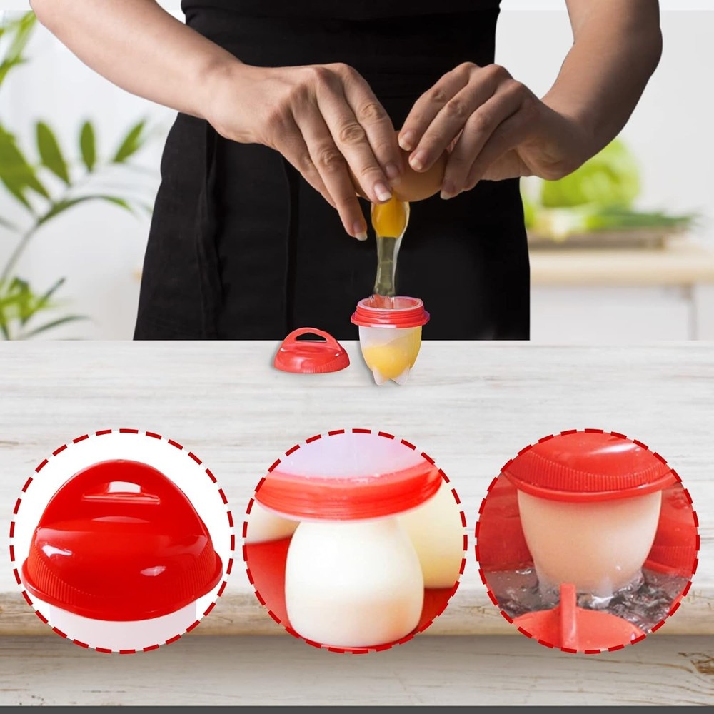 6pcs Silicone Egg Cooker Set – Non‑Stick Shell‑Less Boiling Cups, Red/White