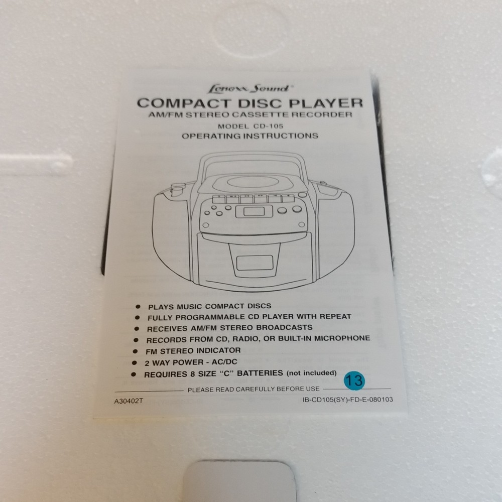 Lenoxx Sound Compact Disc Player, Model CD-105