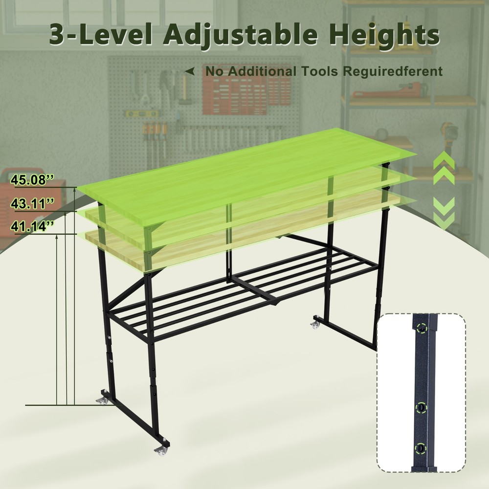 68.5" Foldable Hardwood Workbench Adjustable Solid Wood Top Workbench w/ Wheels