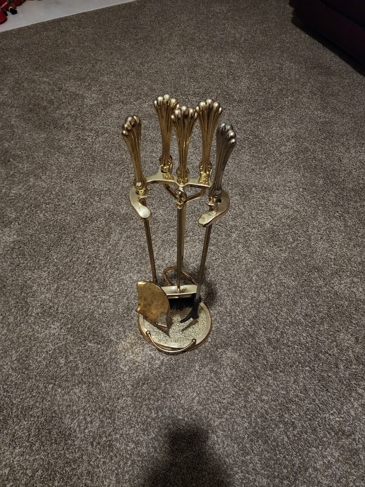 Vintage Gold Matte  Brass Seashell Shell Fireplace Tool Set - 4 Piece + Stand