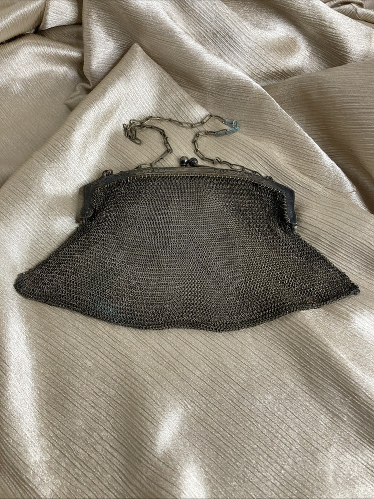 Antique German Silver Mesh Evening Bag W Intricate Scrollwork