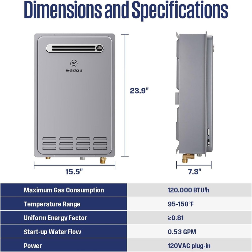 Westinghouse 16L Tankless Water Heater Natural Gas 120,000 BTU Non Condensing
