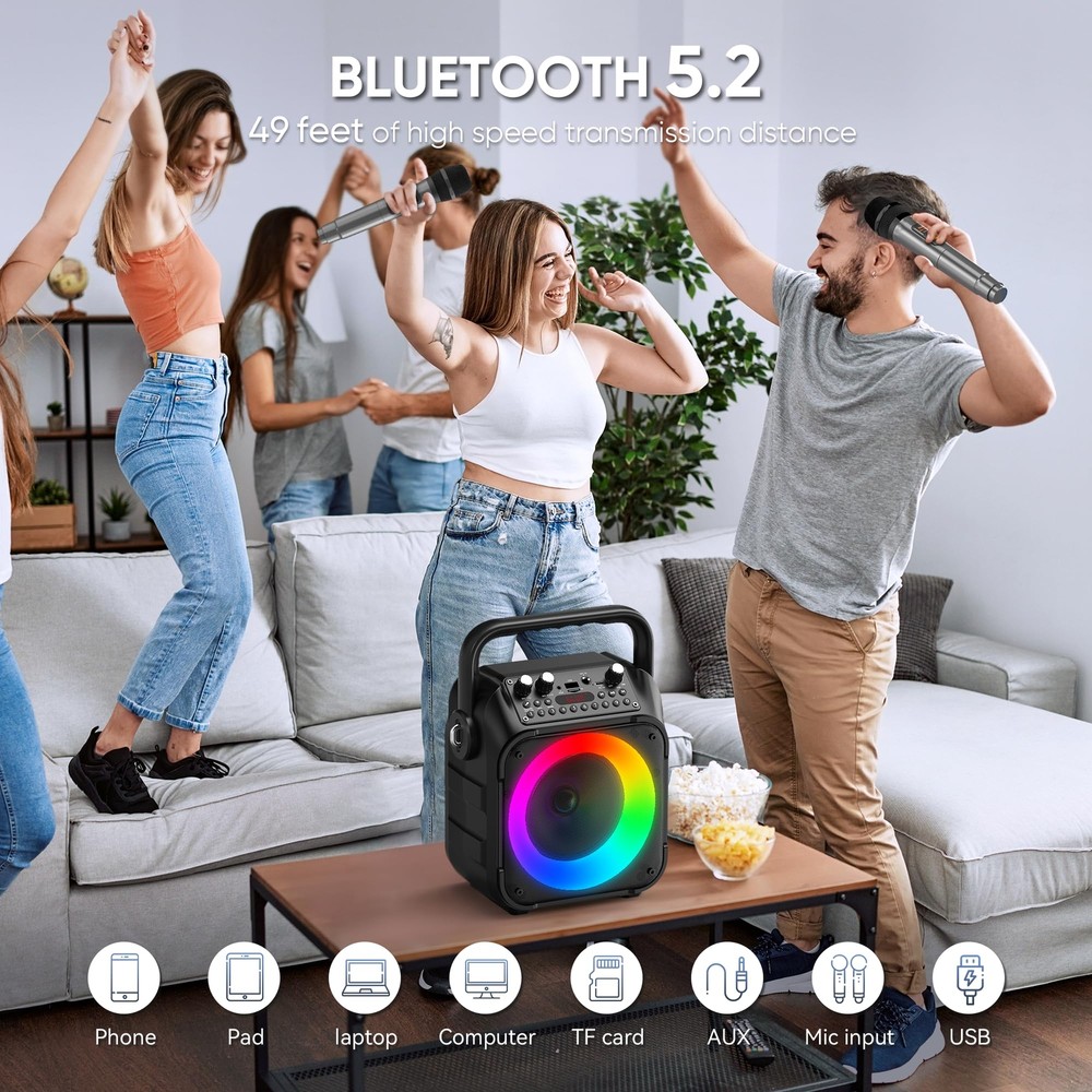 Portable Karaoke Machine - Bluetooth Speaker with Lights & Wireless Mics