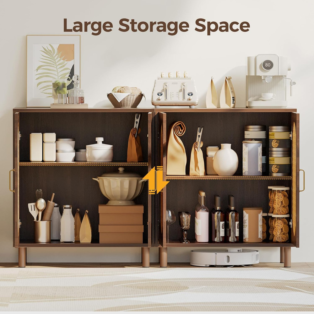 Boho Sideboard Buffet Cabinet with Storage - Walnut Imitation Rattan Design