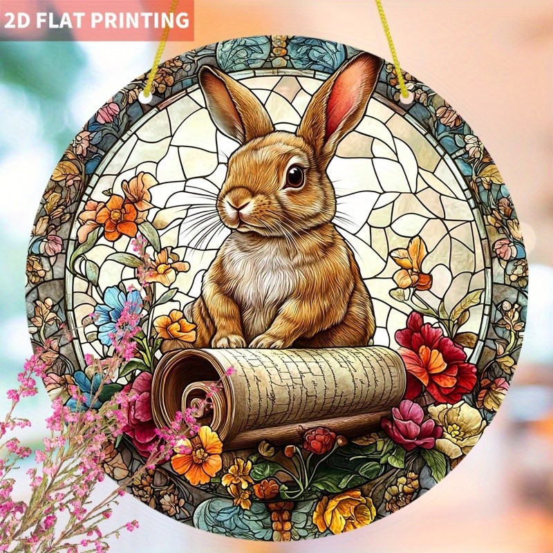 Bunny With Scroll Acrylic Suncatcher Floral Pattern Easter Window Hanging Decor