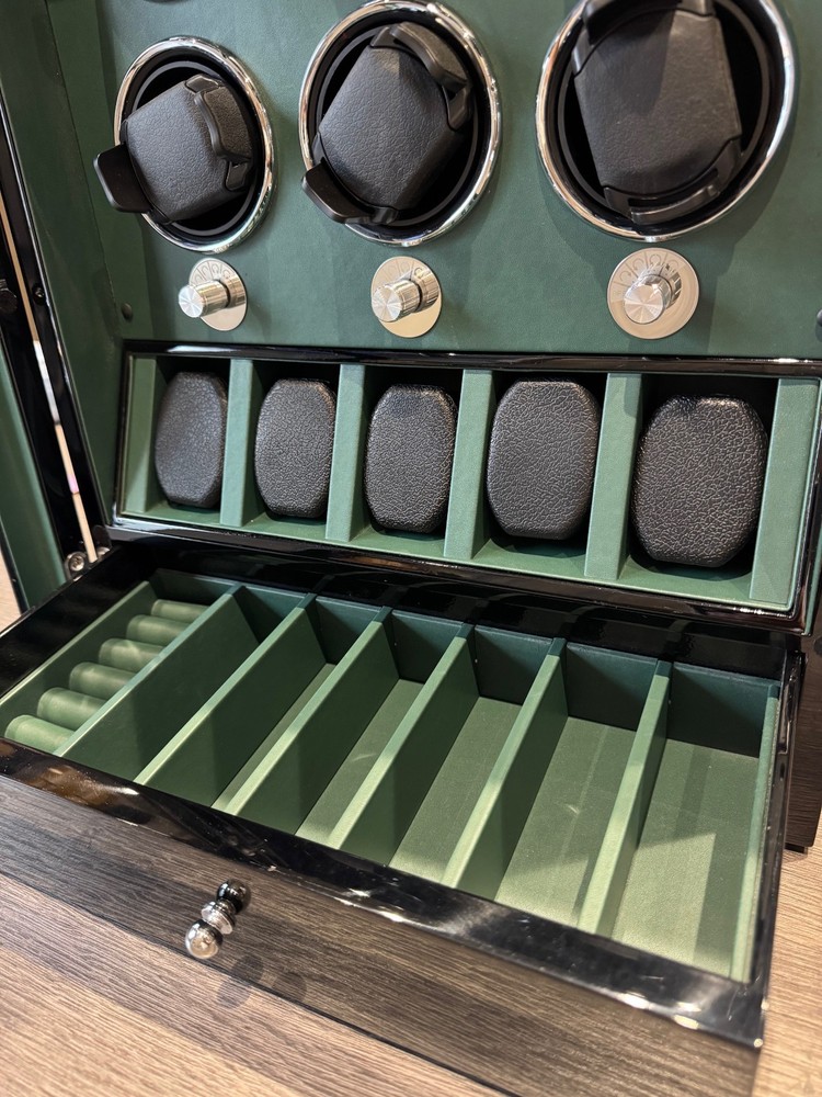 Luxury Multi-Function 6 Piece Watch Winder with Storage Drawer in Glossy Black.
