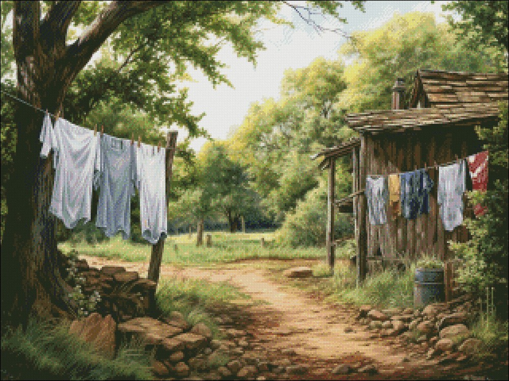 A Clothesline - DIY Chart Counted Cross Stitch Patterns Needlework DMC Color