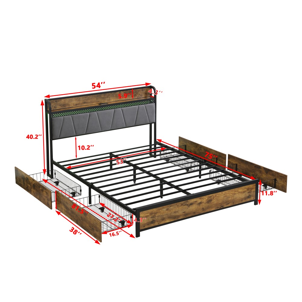 Bed Frame W Charging Station 4 Storage Drawers LED Lights