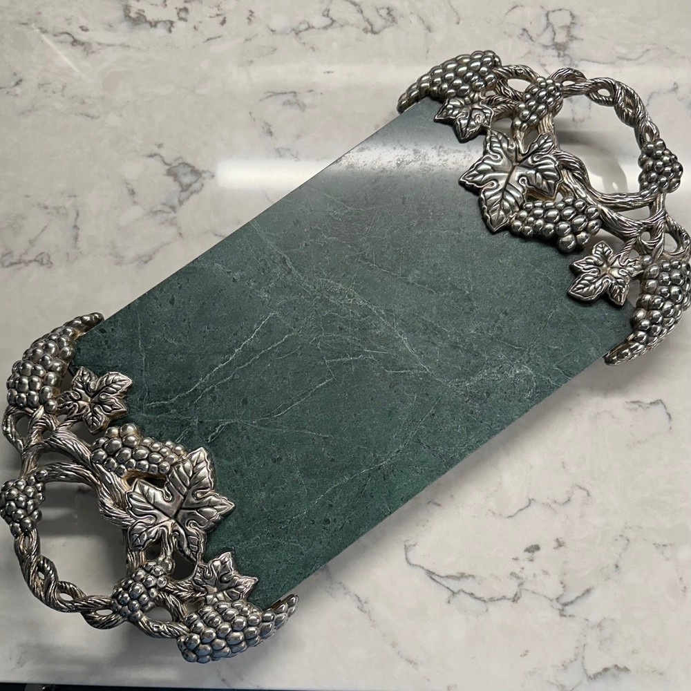 Godinger Silver Art Co. Marble Cheese Board Platter Grape Leaf Silver Handles